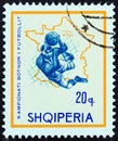 ALBANIA - CIRCA 1966: A stamp printed in Albania shows soccer player and map of France 1938, circa 1966.