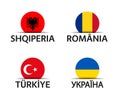 Albania, Romania, Turkey and Ukraine. Set of four Albanian, Romanian, Turkish and Ukrainian stickers
