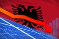 Albania solar energy power lowering chart, arrow down - green natural energy industrial illustration. 3D Illustration