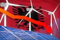 Albania solar and wind energy lowering chart, arrow down - environmental natural energy industrial illustration. 3D Illustration