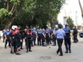 Angry police.protesting the destruction of the theater .Albania,Tirana