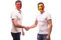 Albania vs Romania. Football fans of national teams friendly handshake Royalty Free Stock Photo