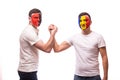 Albania vs Romania. Football fans of national teams friendly handshake Royalty Free Stock Photo