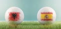 Albania vs Spain football match infographic template for Euro 2024 matchday scoreline announcement. Two soccer balls with country