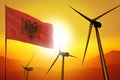 Albania wind energy, alternative energy environment concept with wind turbines and flag on sunset industrial illustration - renewa