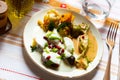 Albanian cornbread with yogurt sauce and baked vegetables Royalty Free Stock Photo