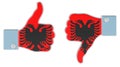 Albanian flag painted on the hand with thumb up and thumb down. Like and dislike in Albania, concept. 3D rendering