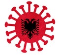 The Albanian national flag with corona virus or bacteria