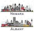 Albany and Newark New Jersey City Skylines Set with Color Buildings Isolated on White Royalty Free Stock Photo