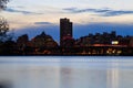 Night scene of urban Albany from Rensselaer docks across Hudson River