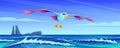 Albatross flies over the sea. Panoramic ocean view with big waves, rocky island on the horizon. Seascape, wildlife, albatross