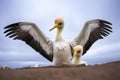 albatross nesting with open wings to shield chicks