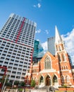 Albert Street Uniting Church.and contrasting modern office building Royalty Free Stock Photo