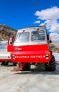 Massive Ice Explorers, specially designed for glacial travel, take tourists onto the surface of the Athabasca Glacier Royalty Free Stock Photo