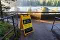 Warning sign of dangerous conditions at Athabasca Falls in Jasper National Park