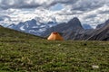 A tent in the mountains and lakes of Peter Lougheed Provincial Park. Kananaskis Lakes, Alberta. Canada