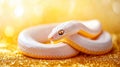 Albino Python Snake Coiled on Gold, Serpent Close-up with Scales, Exotic Wildlife Pet