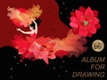 Album for drawing cover. Flamenco dancer girl in red dress, decorated lily flowers, with hem in shape of fire flying bird Royalty Free Stock Photo
