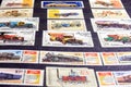 Album page with postage stamps with retro cars and locomotives Royalty Free Stock Photo