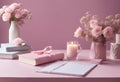 album pink purple photo plaid beige feminine elegant workspace desk background gypsophilflowers heart candle notebook pastel