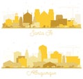 Albuquerque and Santa Fe New Mexico City Skyline Silhouette Set with Golden Buildings Isolated on White Royalty Free Stock Photo