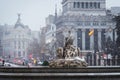 Alcala and Cibeles fountain in Madrid under the snow