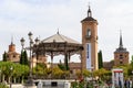 Alcala de Henares, Madrid, Spain, October 16, 2022: : The Cervantes square in the historic center of the city with towers of