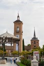 Alcala de Henares, Madrid, Spain, October 16, 2022: The Cervantes square in the historic center of the city with towers of