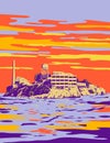 Alcatraz Island at Dusk in San Francisco California WPA Art Deco Poster