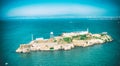 Alcatraz Island and Prison, aerial view from helicopter on a clear sunny day Royalty Free Stock Photo