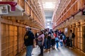 Alcatraz Prison B Block Prisoners cell area and some tourist and visitors inside the cellhouse building, San Francisco California