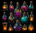 Alchemical collection of flasks in unique shapes, each containing glowing potions of diverse hues, isolated on black. Generative