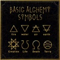 Alchemical golden basic symbols set on dark background. Elements of nature. Creation, life, death, terra. Sacred