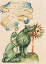 alchemical hermetic illustration of the lion devouring the sun of the rosarium philosophorum