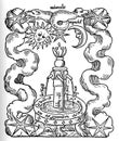 Alchemical hermetic image of a fountain filled with mercury liquids