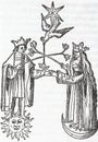 alchemical illustration entitled alchemical wedding between sun and moon taken from the rosarium philosophorum