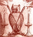 Alchemical illustration of an owl with candles and crossed torches Royalty Free Stock Photo