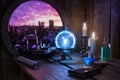 Alchemist  concept. Crystal mystic ball, Spell book,  magic ring, magic potions bottles, burning candle and other various Royalty Free Stock Photo