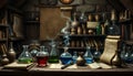 Alchemist laboratory setup, vintage science and magic, Stock Photo, Generative AI