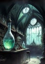Alchemist laboratory, wizard\'s office, flask with elixir