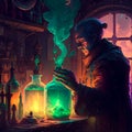 An alchemist mixes mysterious liquids in his laboratory