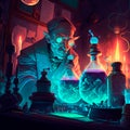 An alchemist mixes mysterious liquids in his laboratory Royalty Free Stock Photo