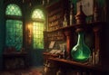 Alchemist office, fantasy illustration of laboratory, wizard\'s office