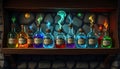 Alchemist\'s shelf with potions, magic, fantasy, mysterious vials, colorful bottles, Stock Photo, Generative AI