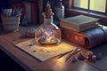 Alchemist worktable. Wizard laboratory, generative ai illustration