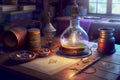 Alchemist worktable. Wizard laboratory, generative ai illustration