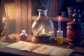 Alchemist worktable. Wizard laboratory, generative ai illustration