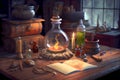 Alchemist worktable. Wizard laboratory, generative ai illustration