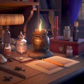 Alchemist worktable. Wizard laboratory, generative ai illustration