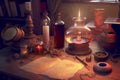 Alchemist worktable. Wizard laboratory, generative ai illustration